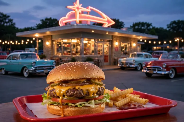 The Varsity secret menu drive-in cheeseburger at dusk