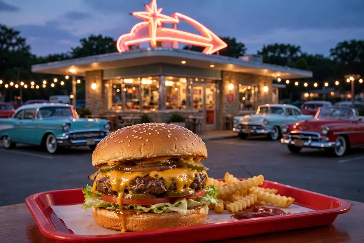 The Varsity secret menu drive-in cheeseburger at dusk