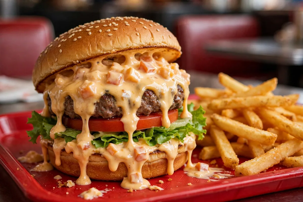 The Varsity secret menu pimento cheeseburger on a red diner tray with fries