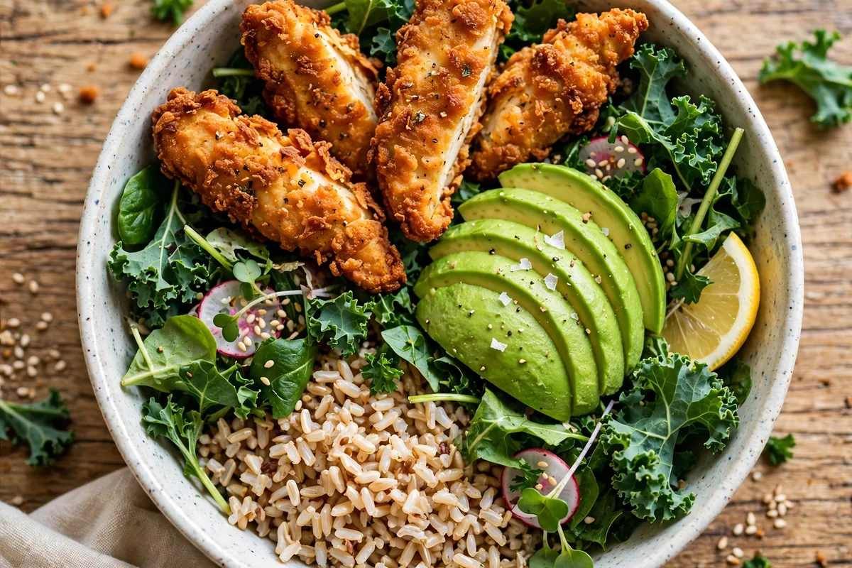 Veggie Grill plant-based bowl with crispy chicken tenders and fresh vegetables, menu prices 2026