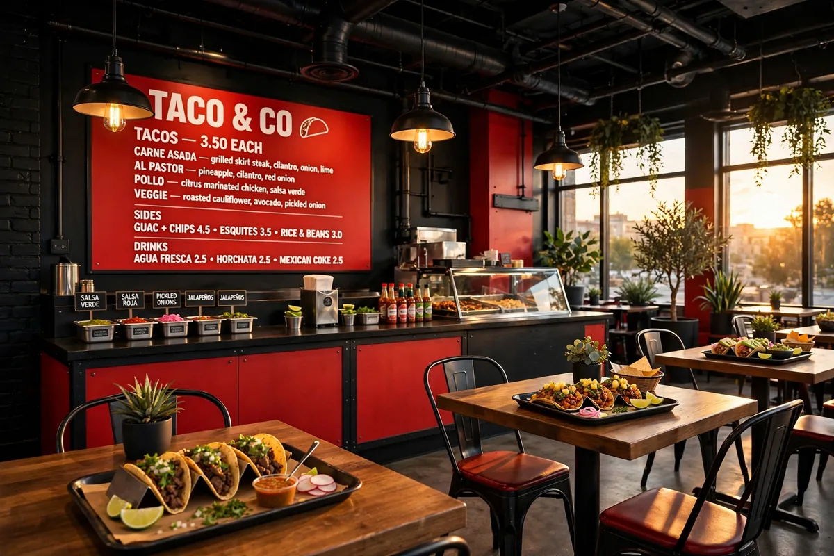 velvet taco menu restaurant interior dining area
