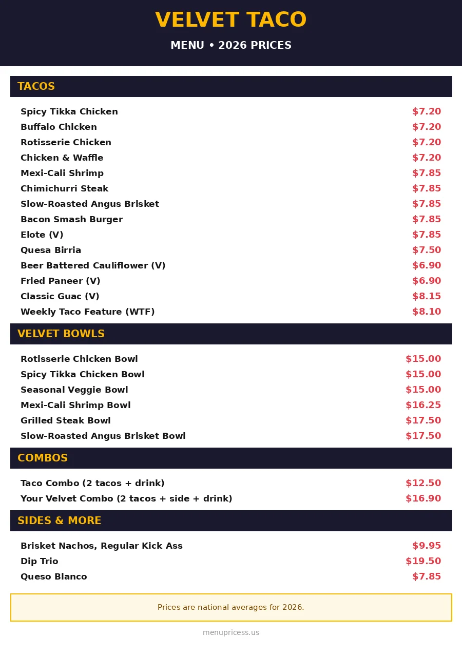 velvet taco menu card with 2026 prices
