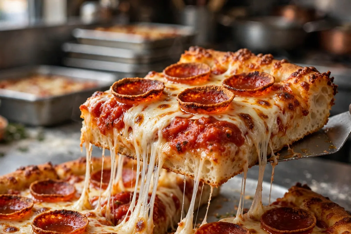 via 313 pizza menu prices detroit-style pepperoni slice cheese pull