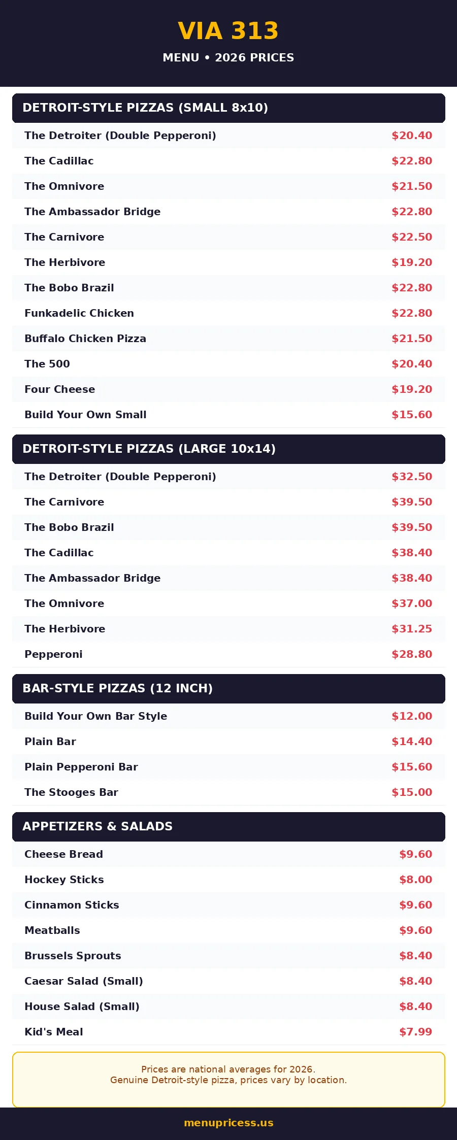 via 313 menu prices 2026 menu card detroit-style pizza prices