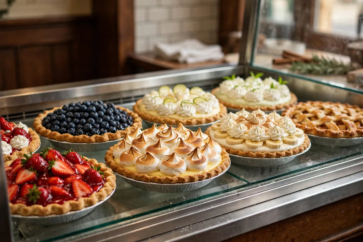 Village Inn location pie display case with fresh strawberry and cream pies