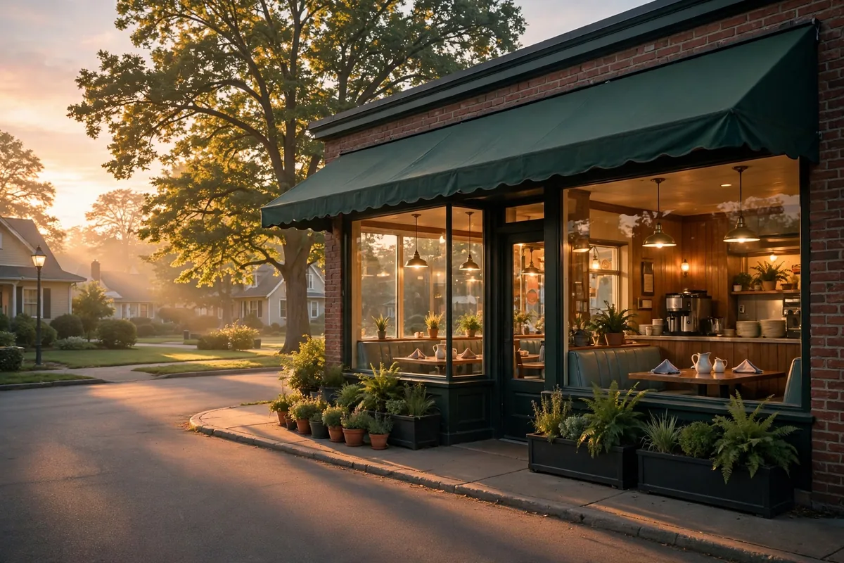 Village Inn working hours: cozy breakfast restaurant storefront at sunrise