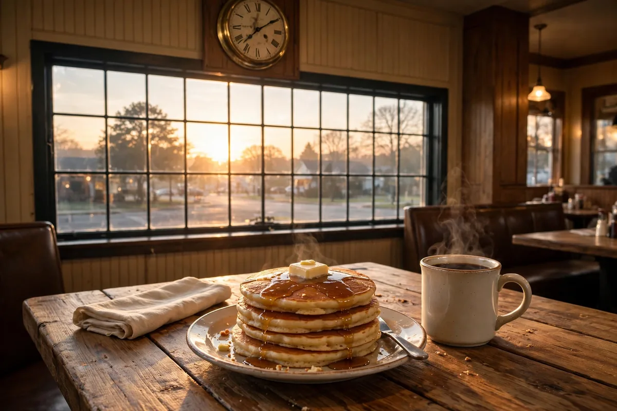 Village Inn working hours: pancakes and coffee at sunrise inside a cozy breakfast diner