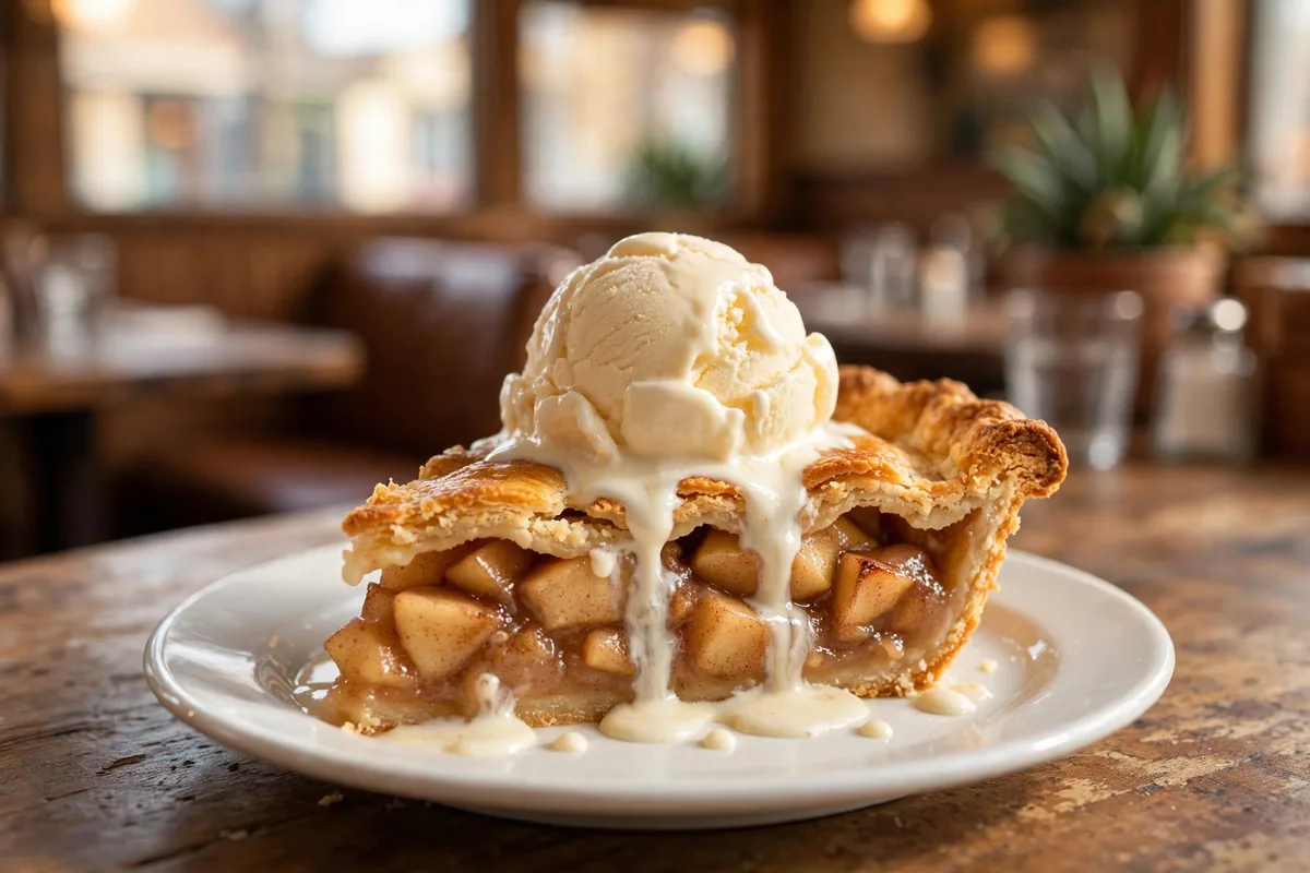 Village Inn holiday hours: warm slice of apple pie with vanilla ice cream on a diner table