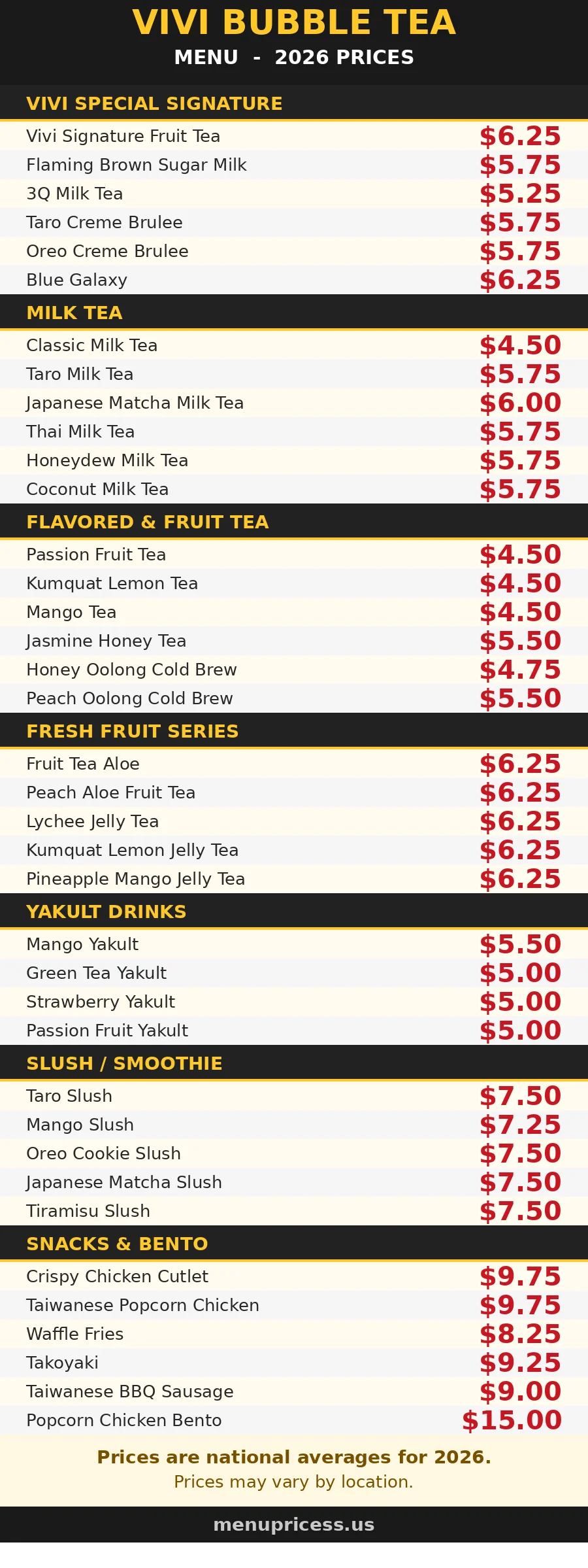 Vivi Bubble Tea menu card with prices 2026