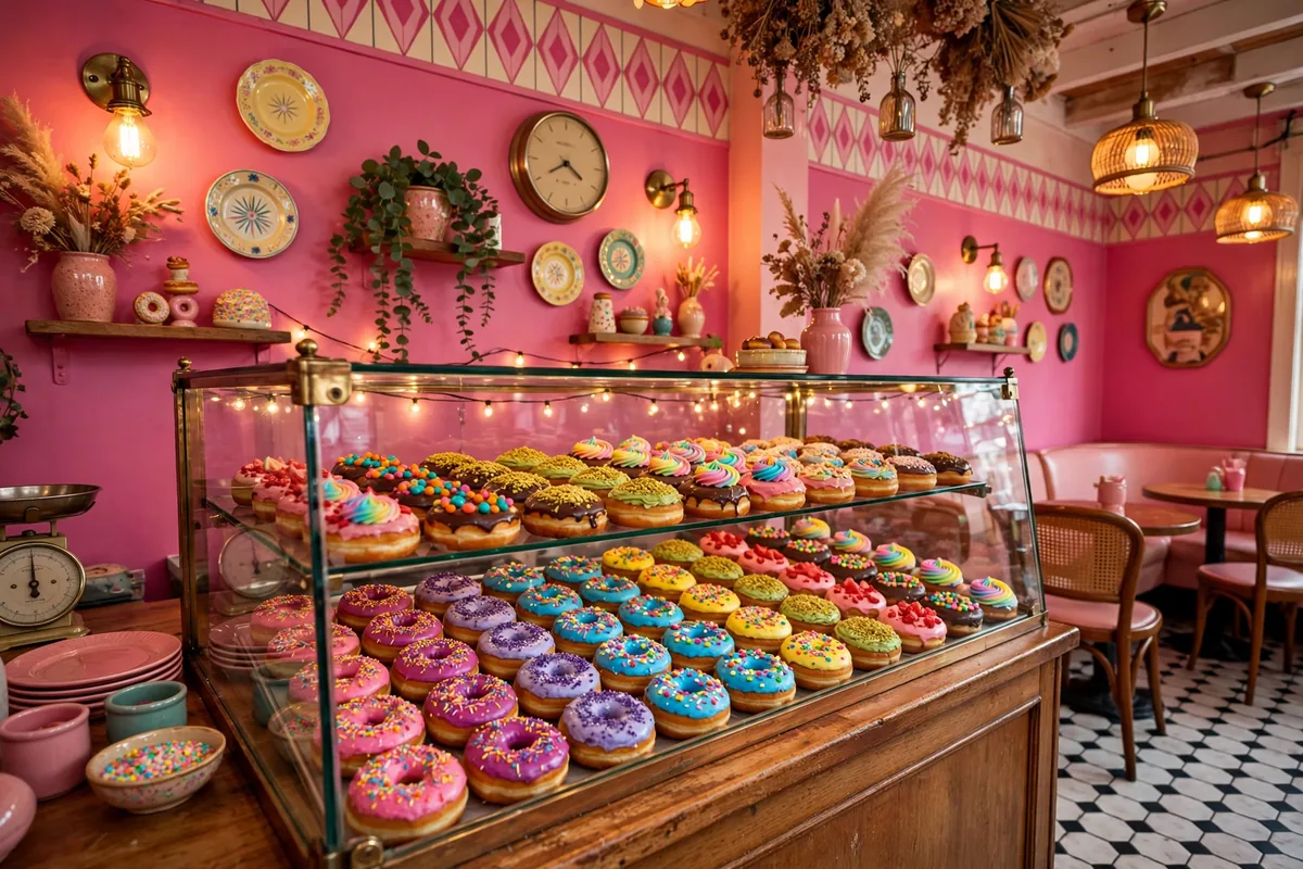 Inside a Voodoo Doughnut shop with display case of decorated doughnuts, voodoo doughnut near me
