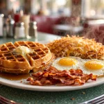 Waffle House menu prices 2026 - All-Star Special breakfast with waffle, eggs and bacon at a diner
