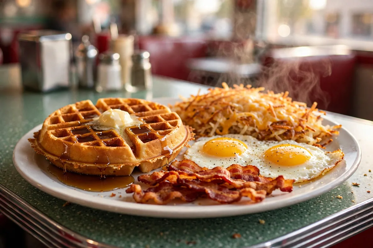 Waffle House menu prices 2026 - All-Star Special breakfast with waffle, eggs and bacon at a diner
