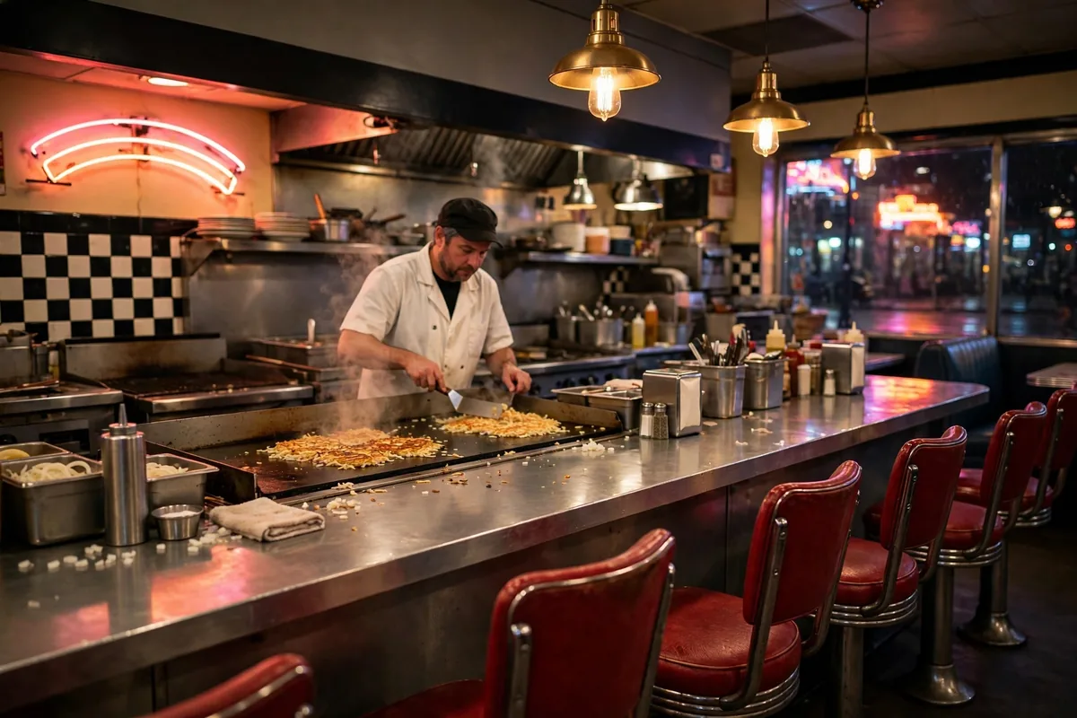 Waffle House location interior at night with open griddle and counter stools