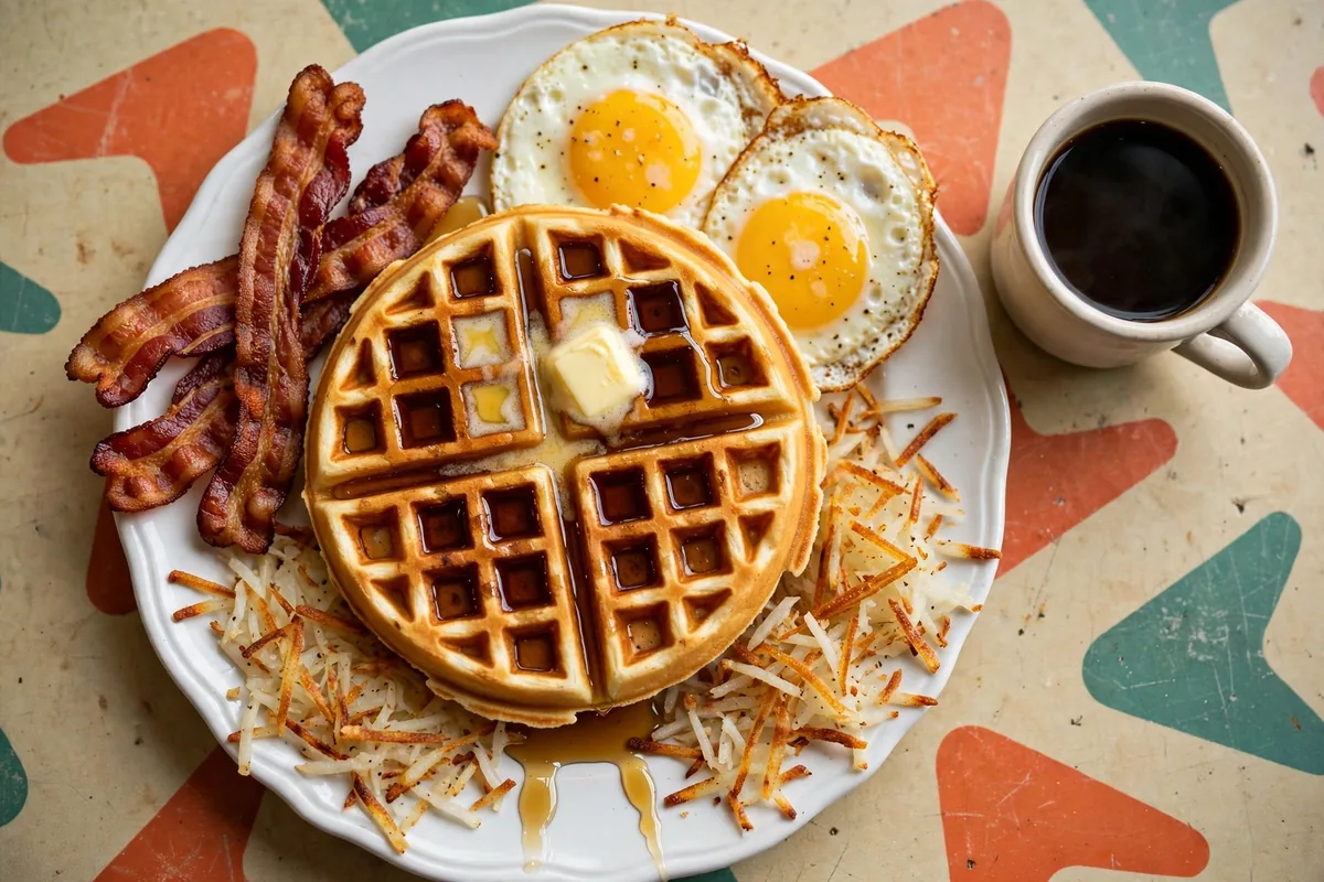 Waffle House locations menu favorites: golden waffle with hash browns and eggs