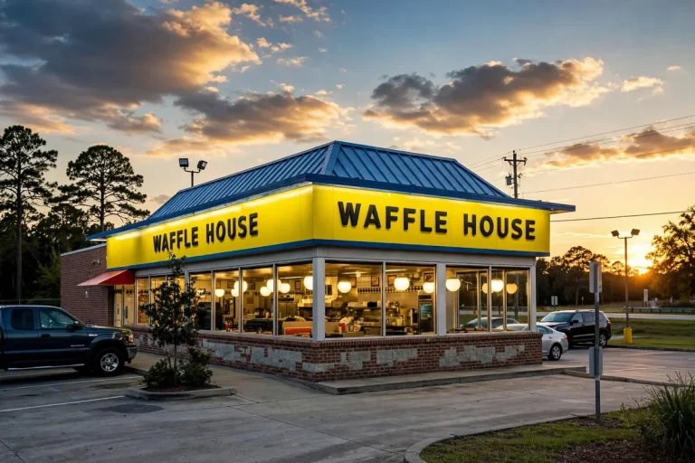 Waffle House locations: restaurant storefront at dusk