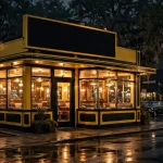 Waffle House working hours: glowing Waffle House restaurant open 24 hours at night
