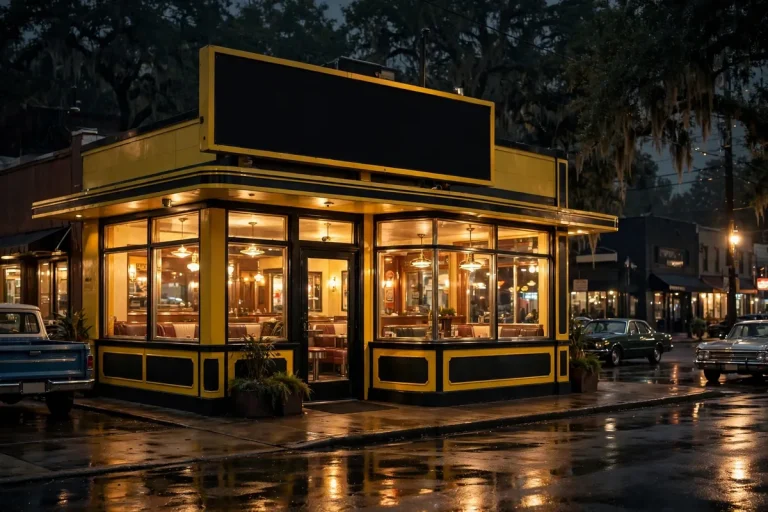 Waffle House working hours: glowing Waffle House restaurant open 24 hours at night