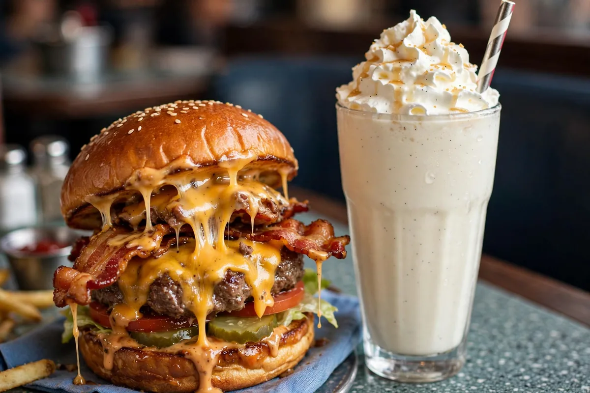 wahlburgers menu prices 2026 bacon cheeseburger with melted cheese and vanilla milkshake