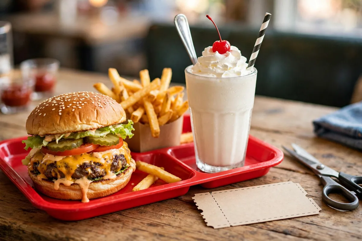 Wayback Burgers deals: Classic Burger combo meal with fries and milkshake