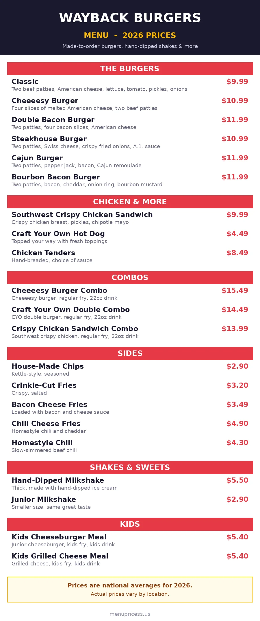 Wayback Burgers menu card with 2026 prices