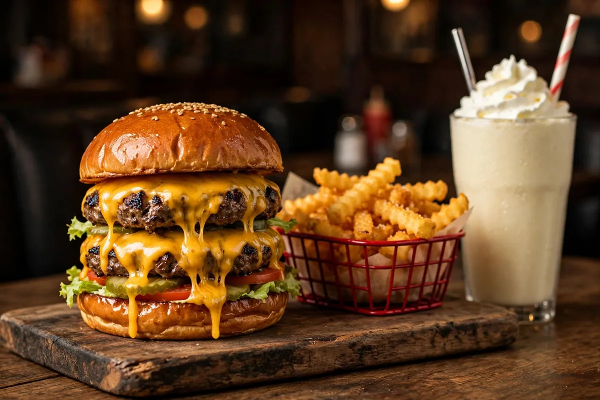 Wayback Burgers menu prices 2026: double cheeseburger with fries and milkshake