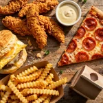 Weigels menu prices 2026 fried chicken tenders, pepperoni pizza slice, breakfast biscuit, fries and chocolate milk spread
