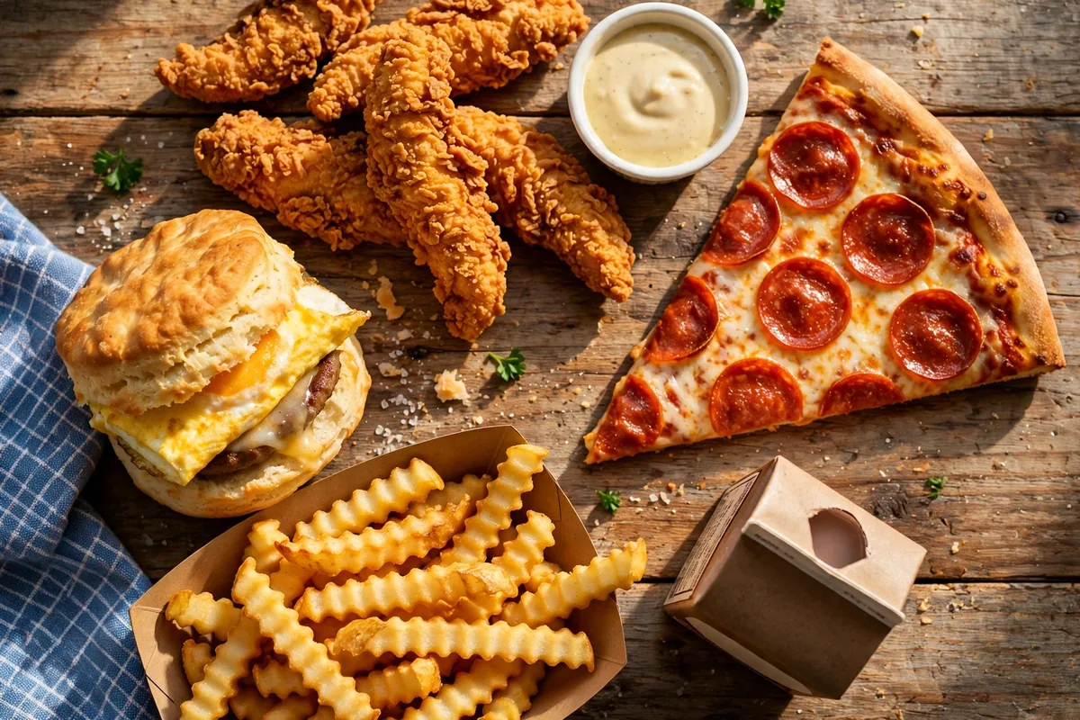 Weigels menu prices 2026 fried chicken tenders, pepperoni pizza slice, breakfast biscuit, fries and chocolate milk spread