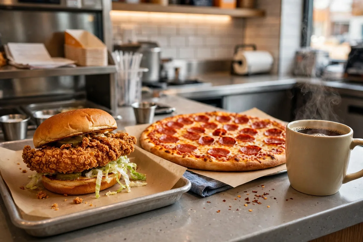 Weigels menu prices 2026 inside a Weigel's Kitchen counter with fried chicken sandwich, pepperoni pizza and coffee