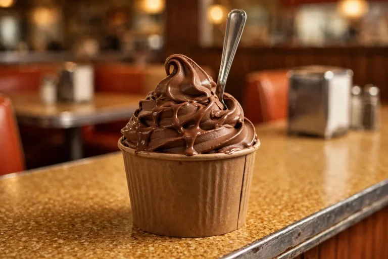 Classic chocolate Wendy's Frosty ice cream cup with a spoon