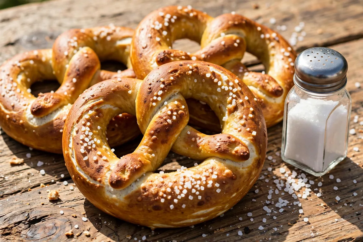 Wetzel's Pretzels calories: salted soft pretzels on a wooden table