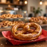 Wetzel's Pretzels calories: fresh soft pretzel at a pretzel shop counter.