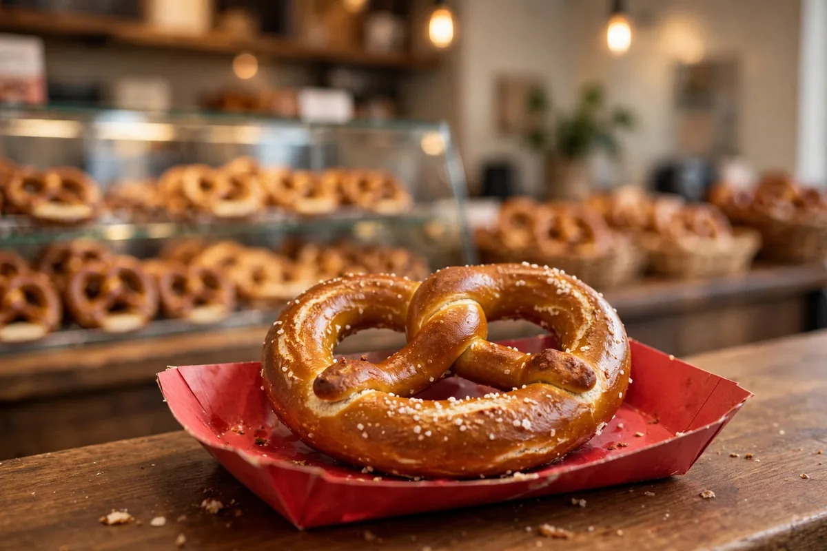 Wetzel's Pretzels calories: fresh soft pretzel at a pretzel shop counter.