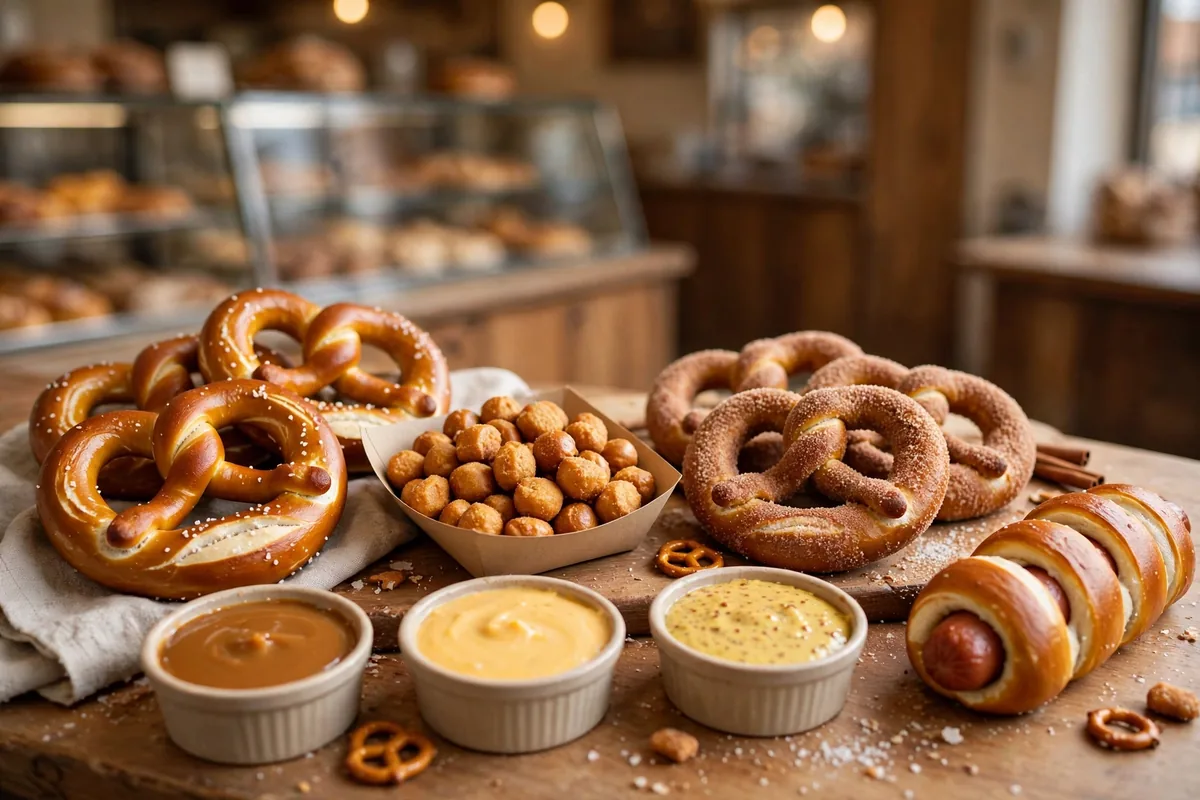 Wetzels Pretzels secret menu spread of pretzels, bites and dipping sauces