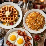 Waffle House secret menu diner breakfast spread with waffles, hashbrowns, eggs and bacon