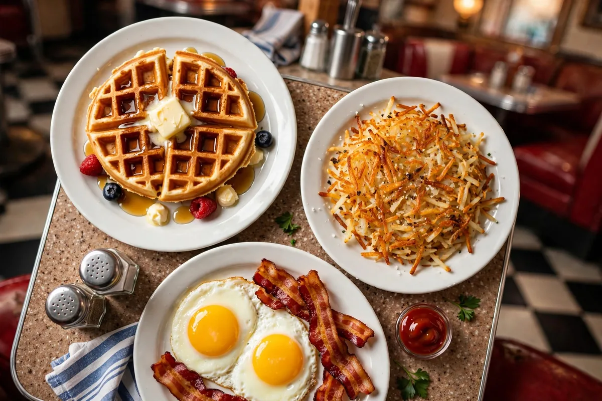 Waffle House secret menu diner breakfast spread with waffles, hashbrowns, eggs and bacon