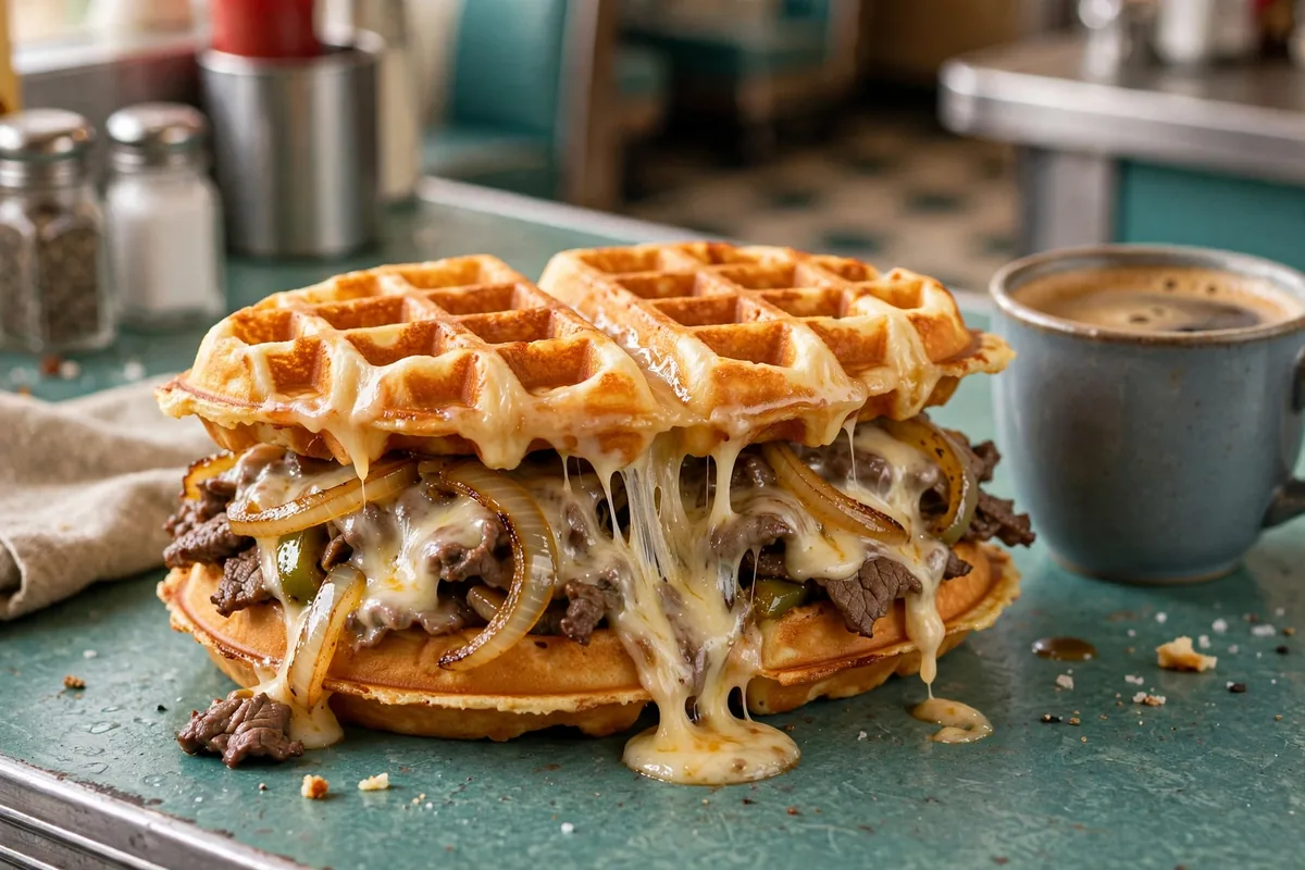 Waffle House waffle sandwich secret menu item, cheesesteak melt between waffles