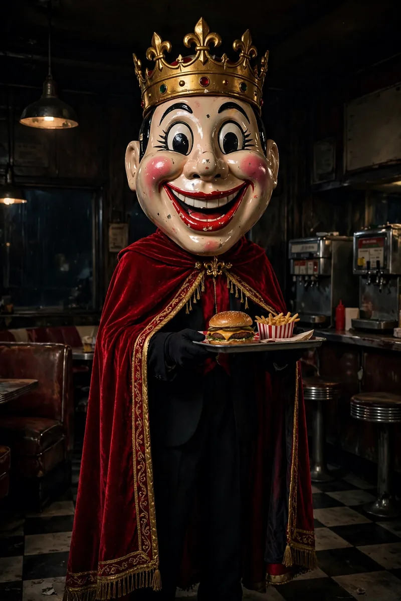 The Burger King mascot through history: creepy King, retired 2011, comeback 2015.