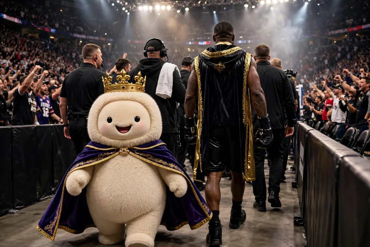 Burger King mascot walking through a boxing arena with the entourage under bright lights