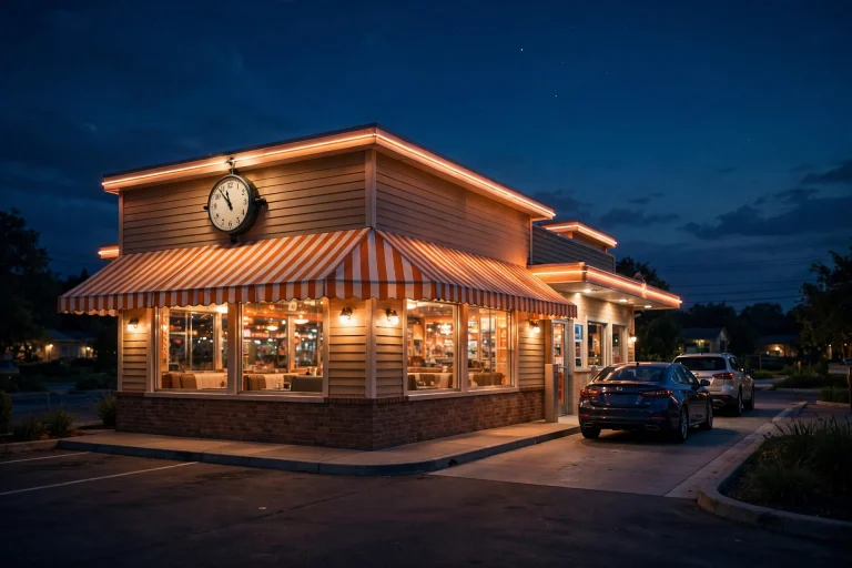 Whataburger working hours, night-time burger restaurant storefront