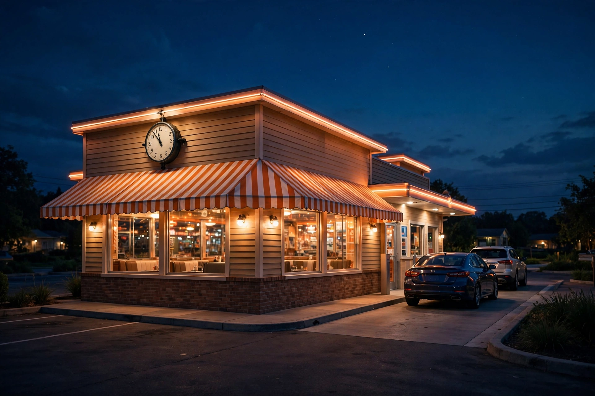 Whataburger working hours — night-time burger restaurant storefront