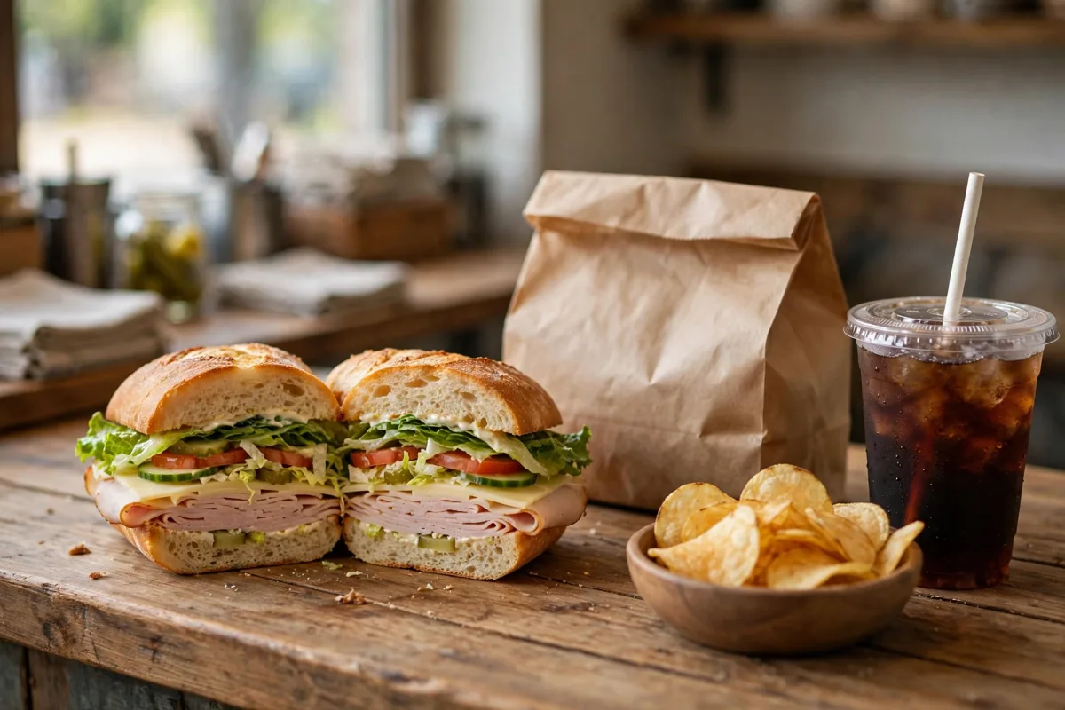 Which Wich deals: sandwich, chips and drink on a shop counter