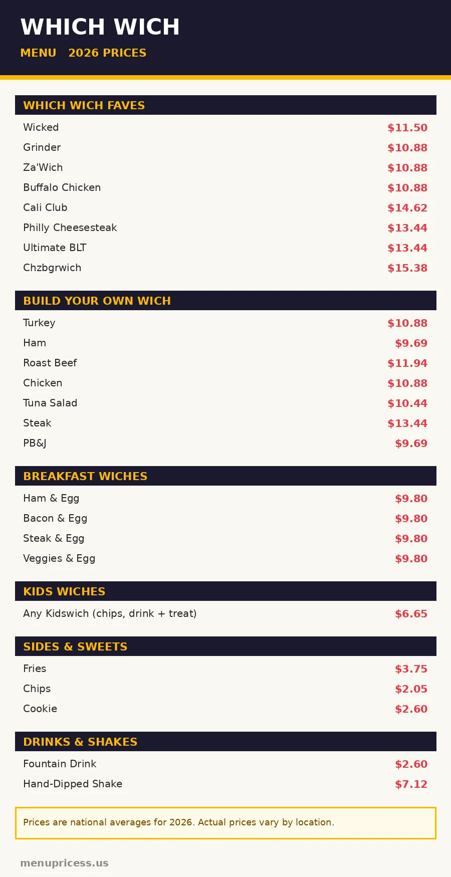 Which Wich menu card with 2026 prices for wiches, breakfast, kids, sides and drinks