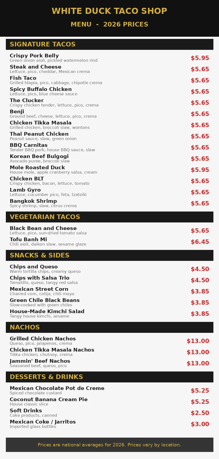 White Duck Taco menu prices 2026 menu card with taco prices
