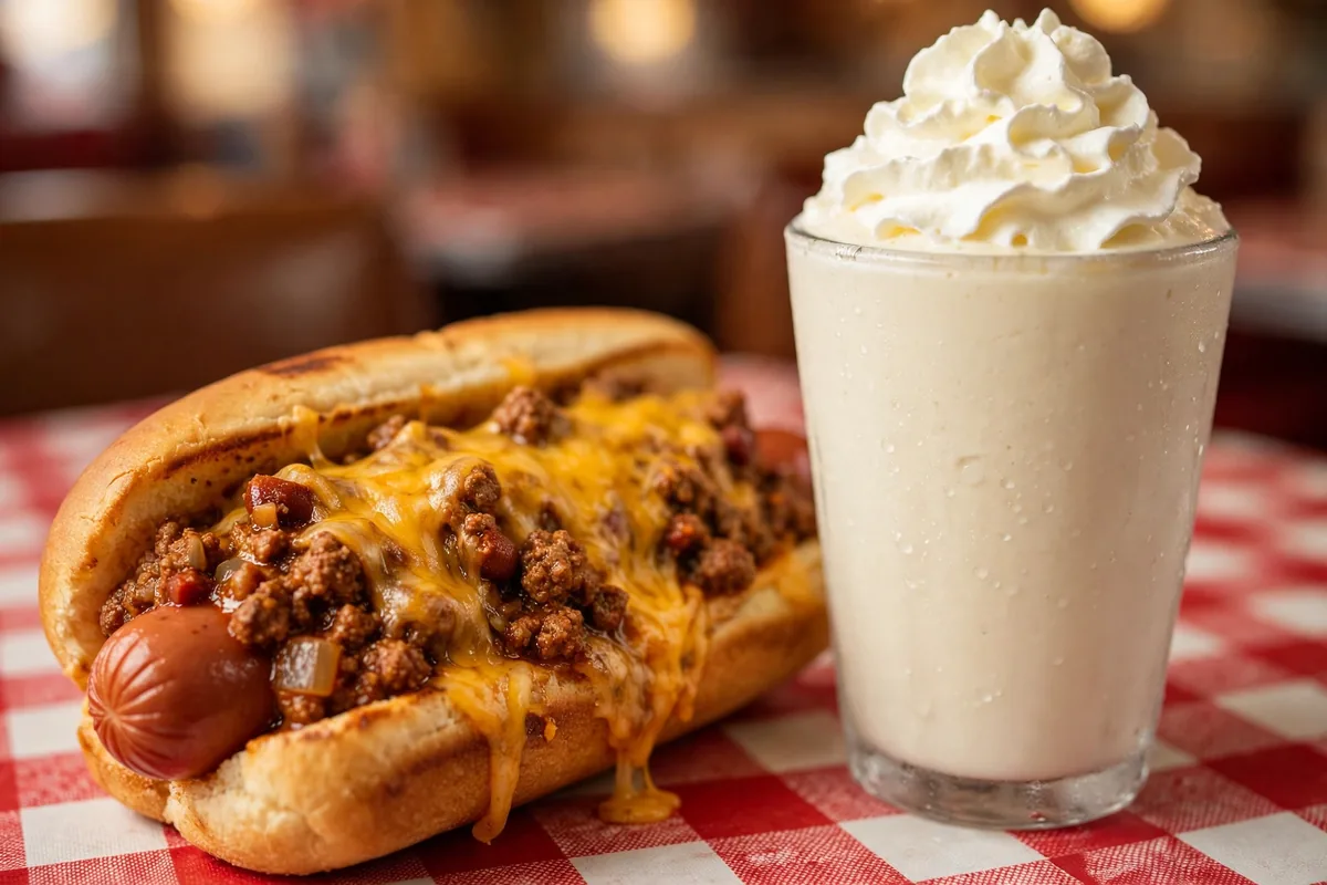 White Hut chili cheese dog and milkshake