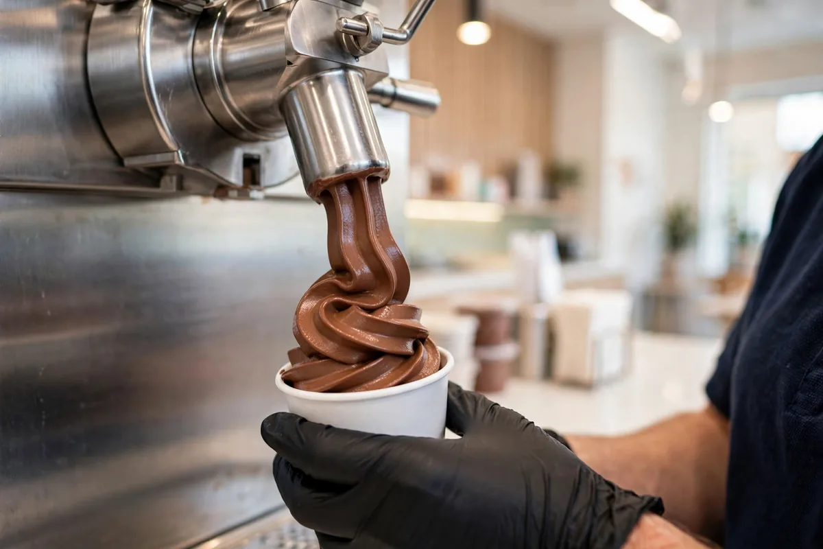 Fresh chocolate frozen custard being dispensed at Whit's, nutrition and calories info