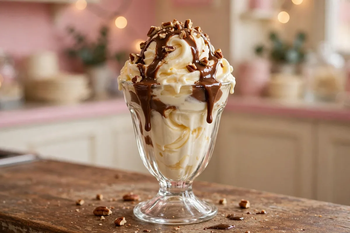 Whit's Frozen Custard menu 2026: frozen custard sundae with hot fudge and pecans
