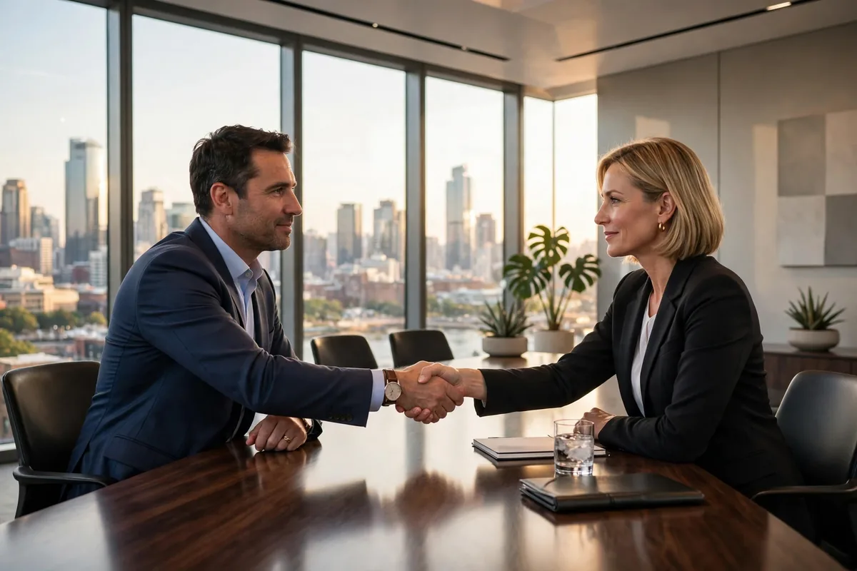 Burger King ownership history: corporate boardroom handshake like the 2014 Burger King and Tim Hortons merger that created Restaurant Brands International