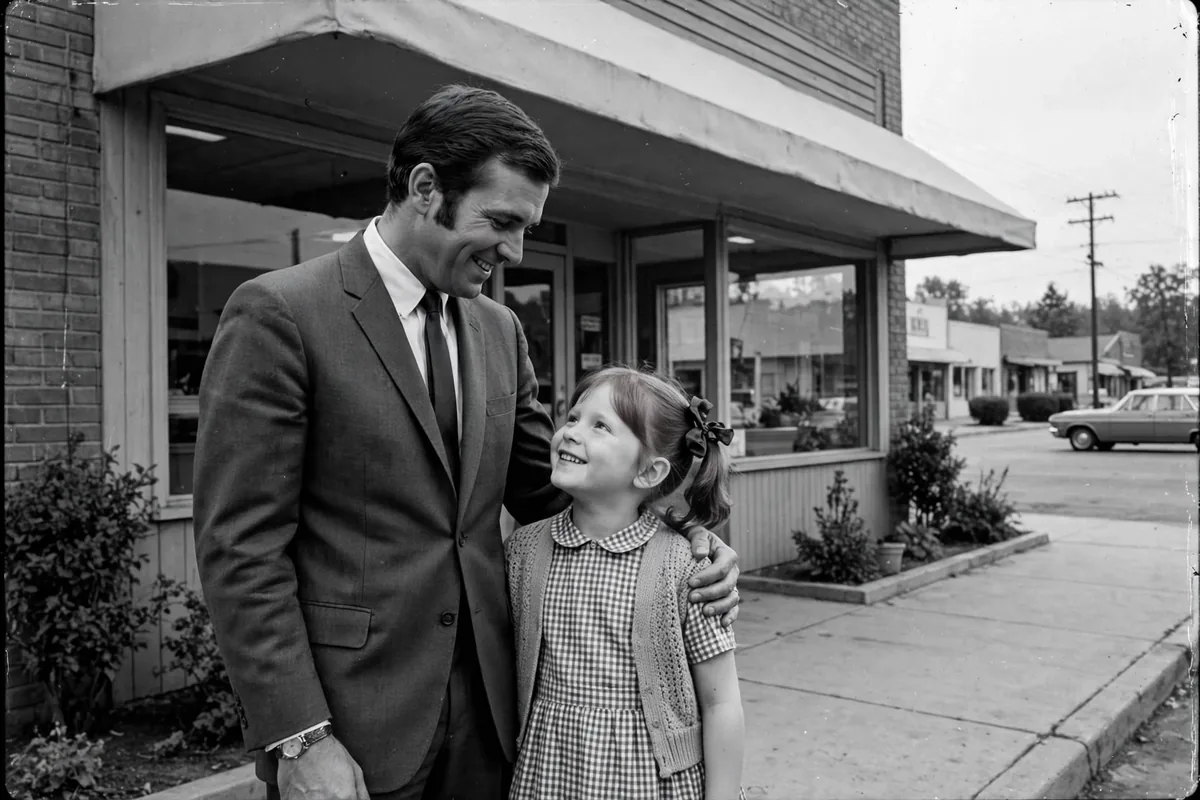 Illustration of founder Dave Thomas with his daughter Wendy outside the first restaurant in 1969, the story behind why Wendy's is called Wendy's
