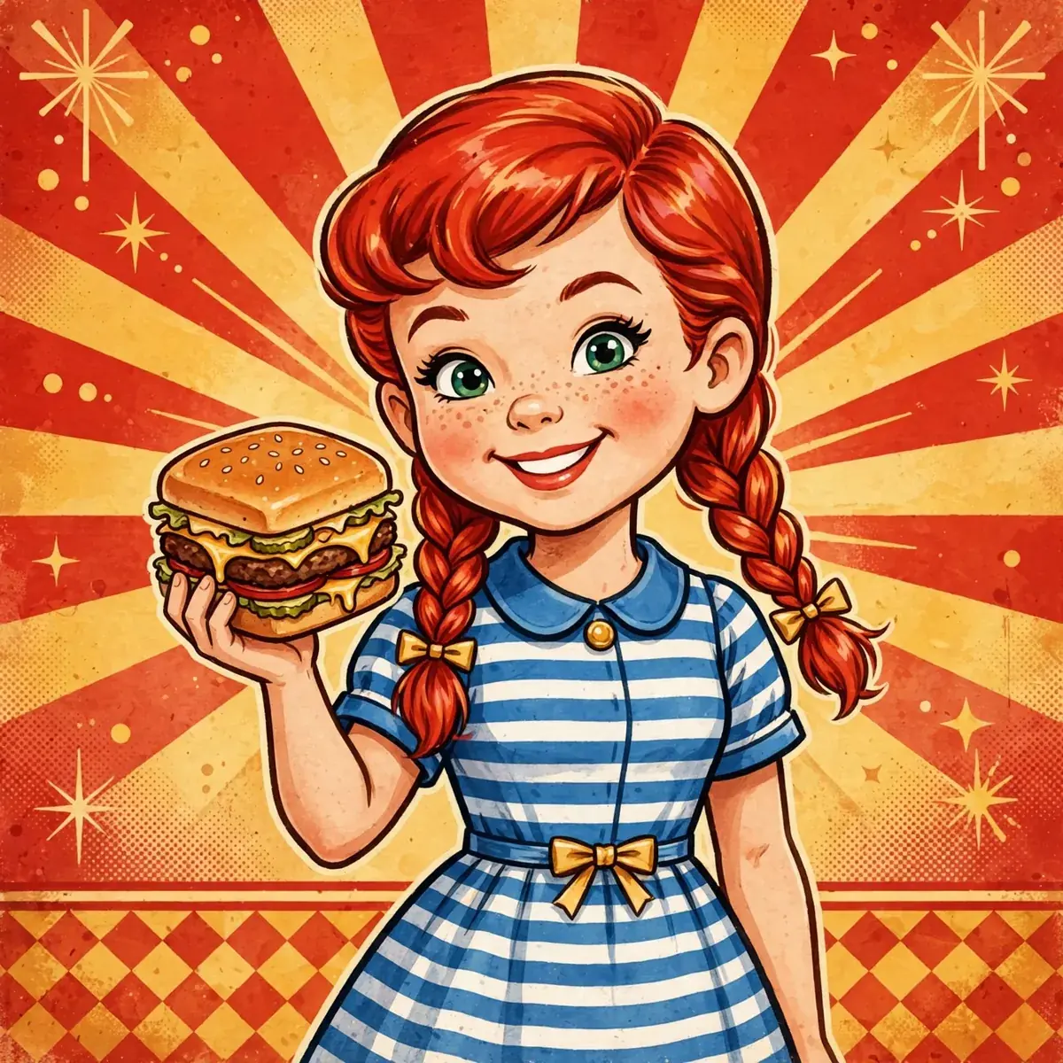Retro illustration of the red-haired Wendy's logo girl with braided pigtails holding a square burger, showing who is the girl in the Wendy's logo
