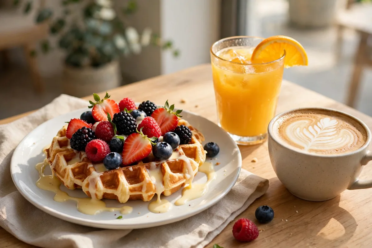 Wildberry Pancakes menu prices 2026 berry waffle with fresh berries, orange juice and latte